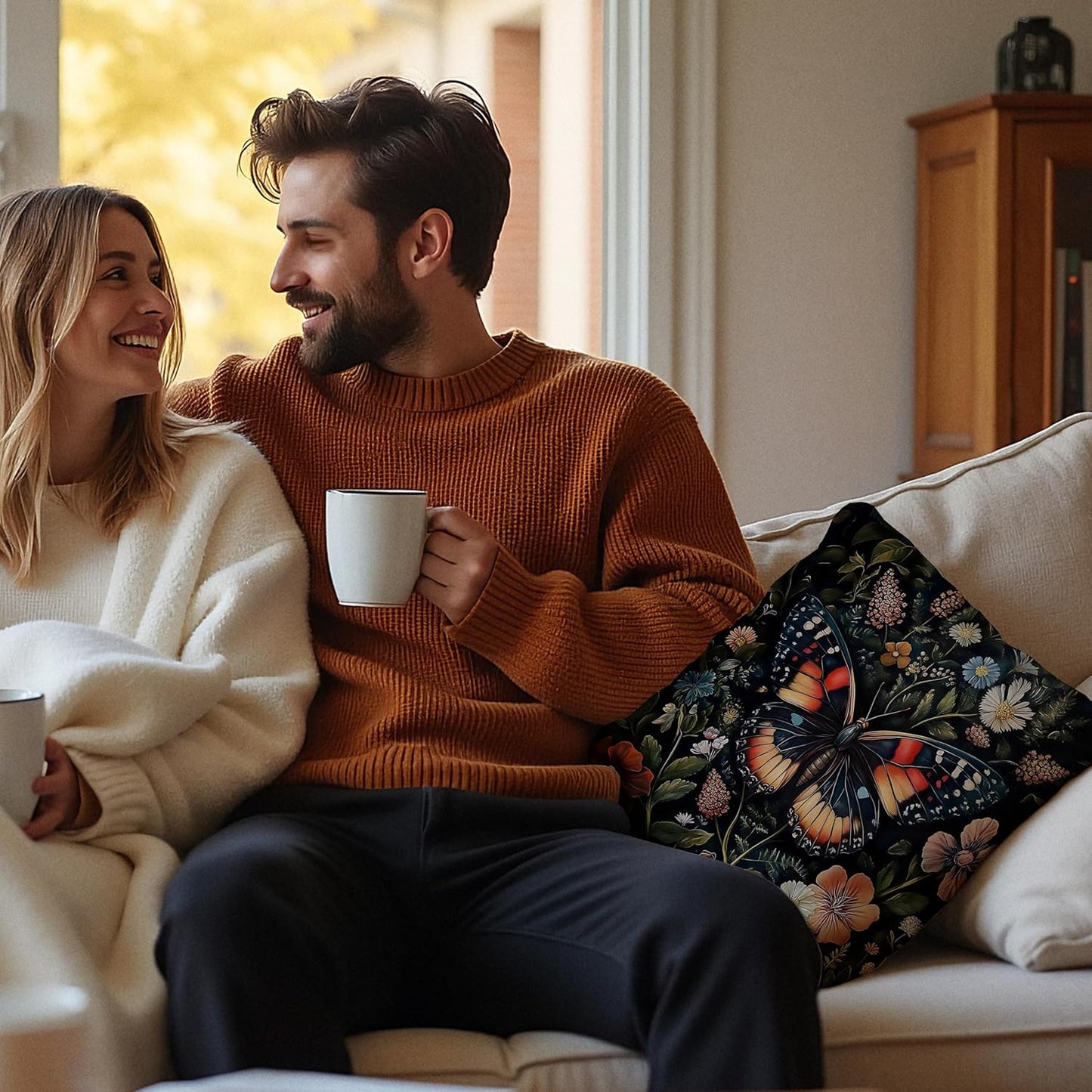 Gorgeous Butterfly Floral Pillow Covers 18x18, Dark Cottagecore Wildflower Botanical Moth Decorative Throw Pillow Covers for Bedroom Living Room Home, Butterfly Room Decor