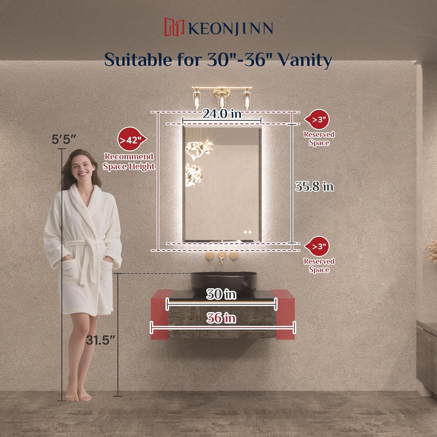 Keonjinn 24 x 36 in Backlit Mirror Bathroom, Beveled Frameless LED Mirror for Wall, Shatterproof Tempered Glass, UL-Listed, 3 Color Temperature, Defogger, Dimmable, Memory Function, Plug in/Hardwired
