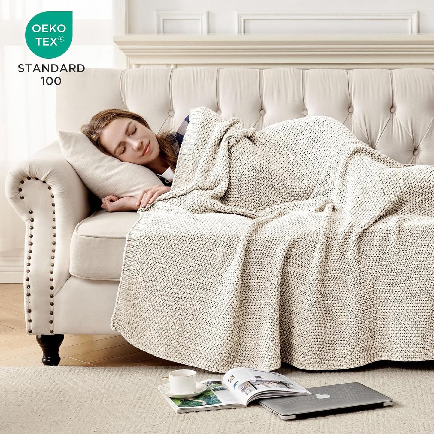 Joydeco Chunky Cable Knit Throw Blanket, Lightweight 100% Cotton Soft Cozy Throw Twin Blanket for Couch Bed and Sofa, Rustic Breathable Farmhouse Blanket Gift for Women Men(Cream White, 60"x80")