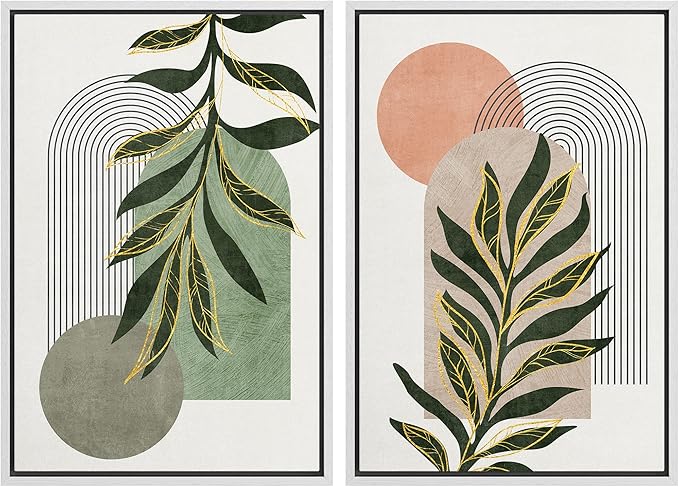 SIGNFORD Framed Canvas Print Wall Art Set Jungle Palm Leaf Geometric Polygons Abstract Shapes Illustration Modern Art Decorative Nordic Nature for Living Room, Bedroom, Office - 24"x36"x2 White