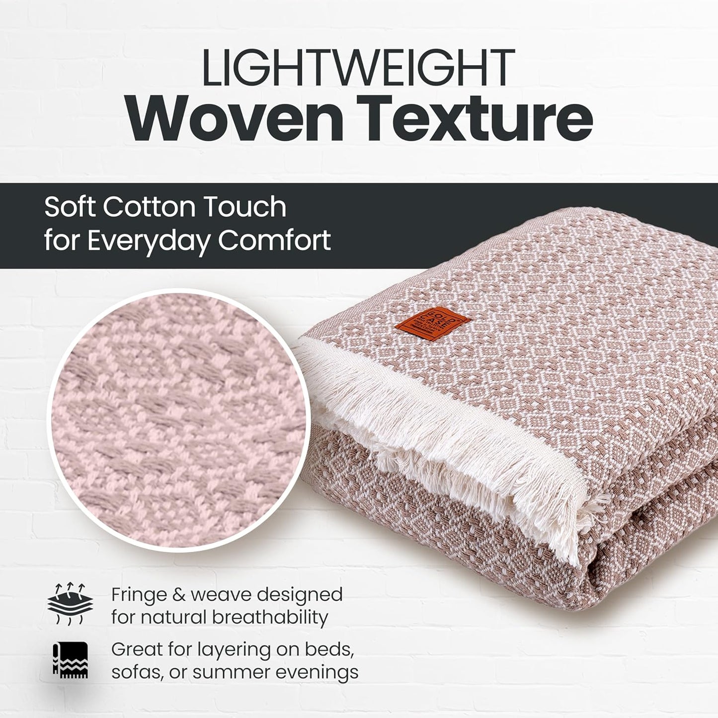 Gold Case Throw Blanket for Bed - 100% Recycled Turkish Cotton Blanket - Retro Lightweight Soft Throw Blankets for Bed & Living Room - Queen Size Cozy Blankets - 90x90 - Beige