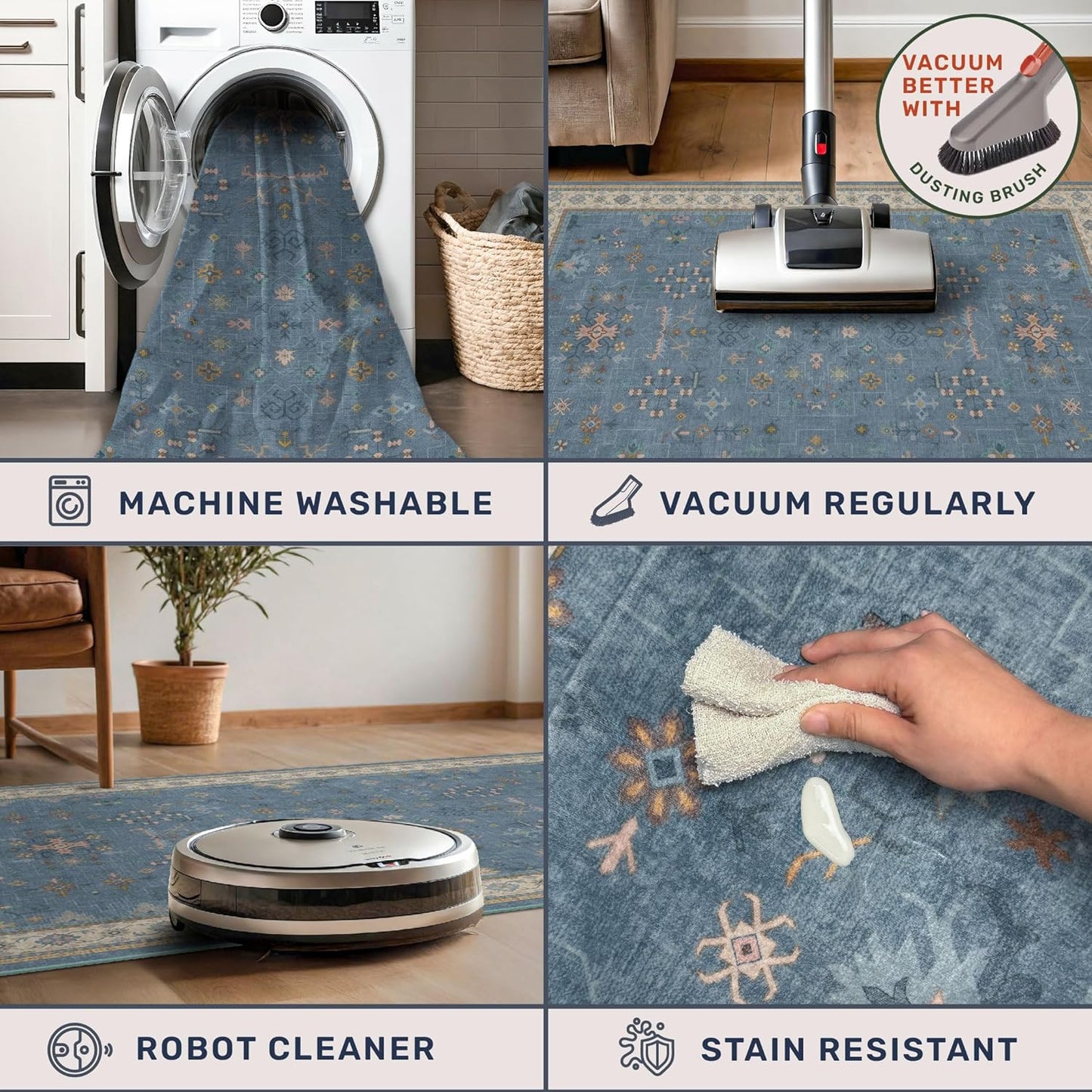 Blue Big Rugs for Living Room - Dusty Blue 10 x 14 Area Rug for Large Bedroom, Dining Room, Washable Lightweight Low Pile Foldable Eclectic Modern Floral Home Décor