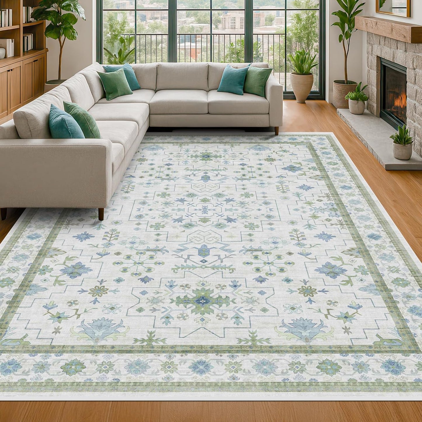 Blue and Green Living Room Rug 7x10 - Cream Oushak Vintage Boho Floral Farmhouse, Washable Low Pile Non-Slip Extra Large Area Rugs for Bedroom, Kids, Lounge