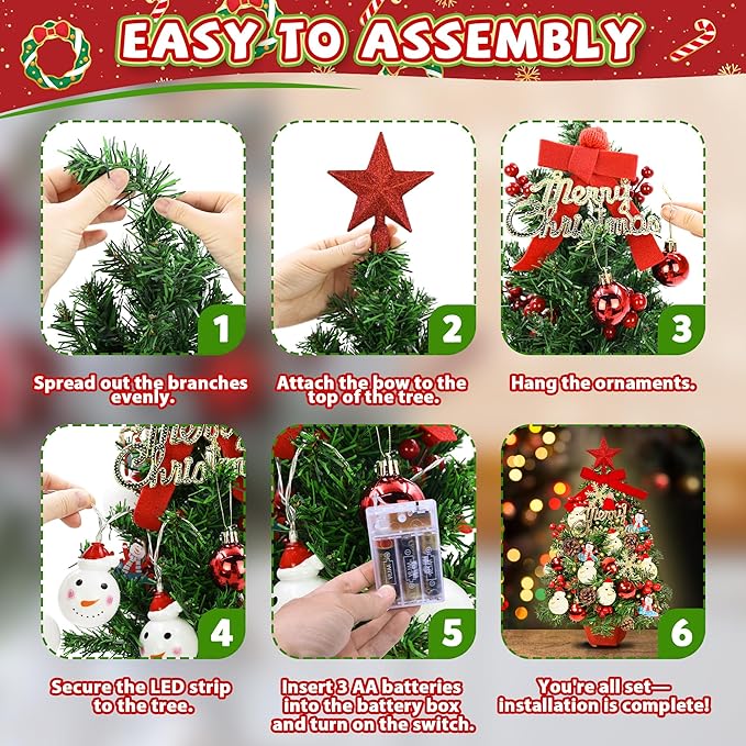 2FT Tabletop Mini Christmas Tree, 24 Inch Small Artificial Christmas Tree with Warm LED Lights, Star Treetop, DIY Ornaments, New Xmas Pine Tree Decoration for Kid Friend Family Holiday Home Office