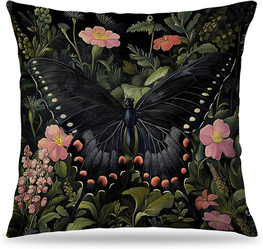 Floral Black Butterfly Pillow Covers 18x18, Dark Cottagecore Wildflower Botanical Moth Decorative Throw Pillow Covers for Bedroom Living Room Home, Butterfly Room Decor