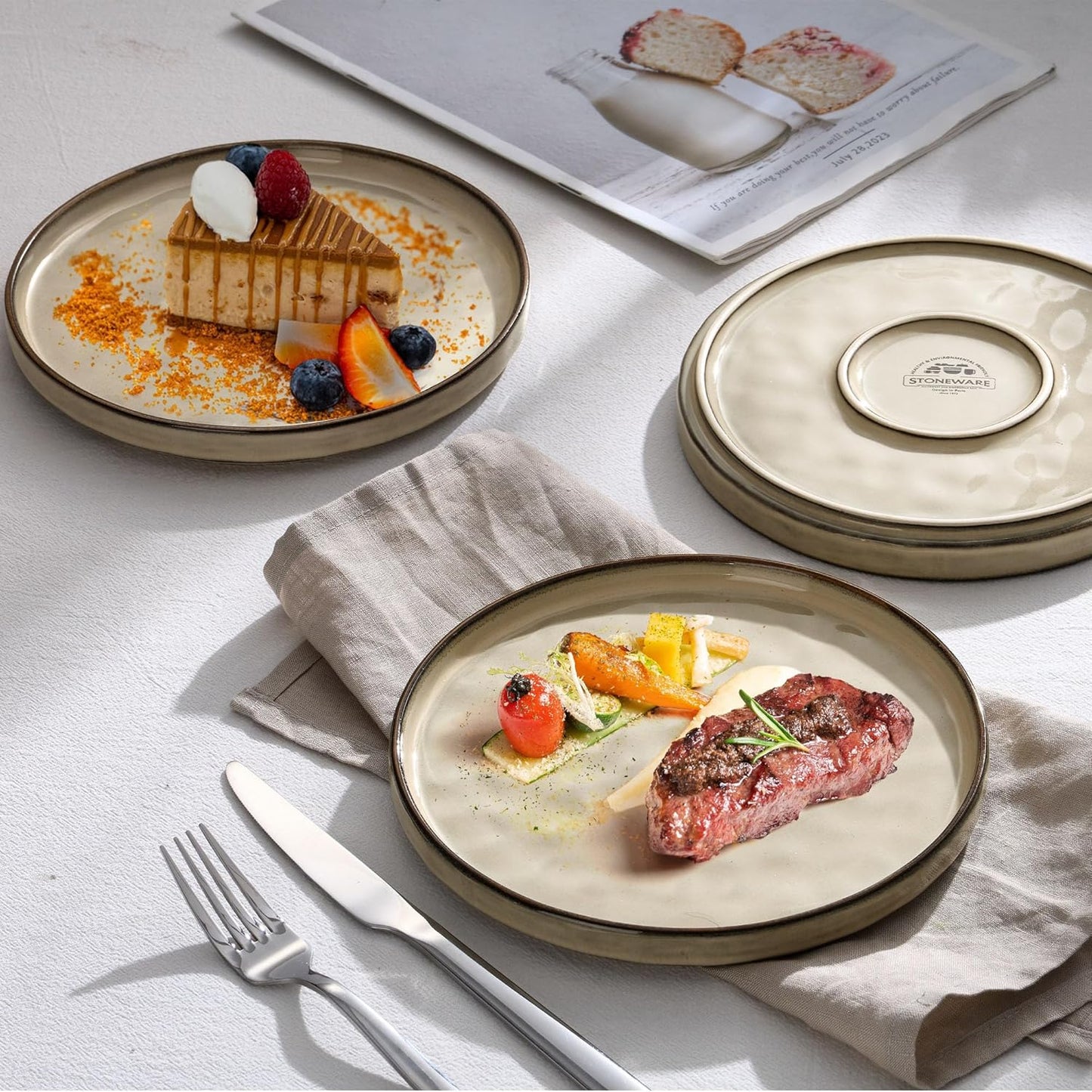 LIANYU Ceramic Plates Set for 4, 7.9In Porcelain Dinner Salad Appetizer Plates for Kitchen, Modern Round Stoneware Dining Dish Set, Scratch Resistant, Microwave, Oven and Dishwasher Safe, Sandy Beige