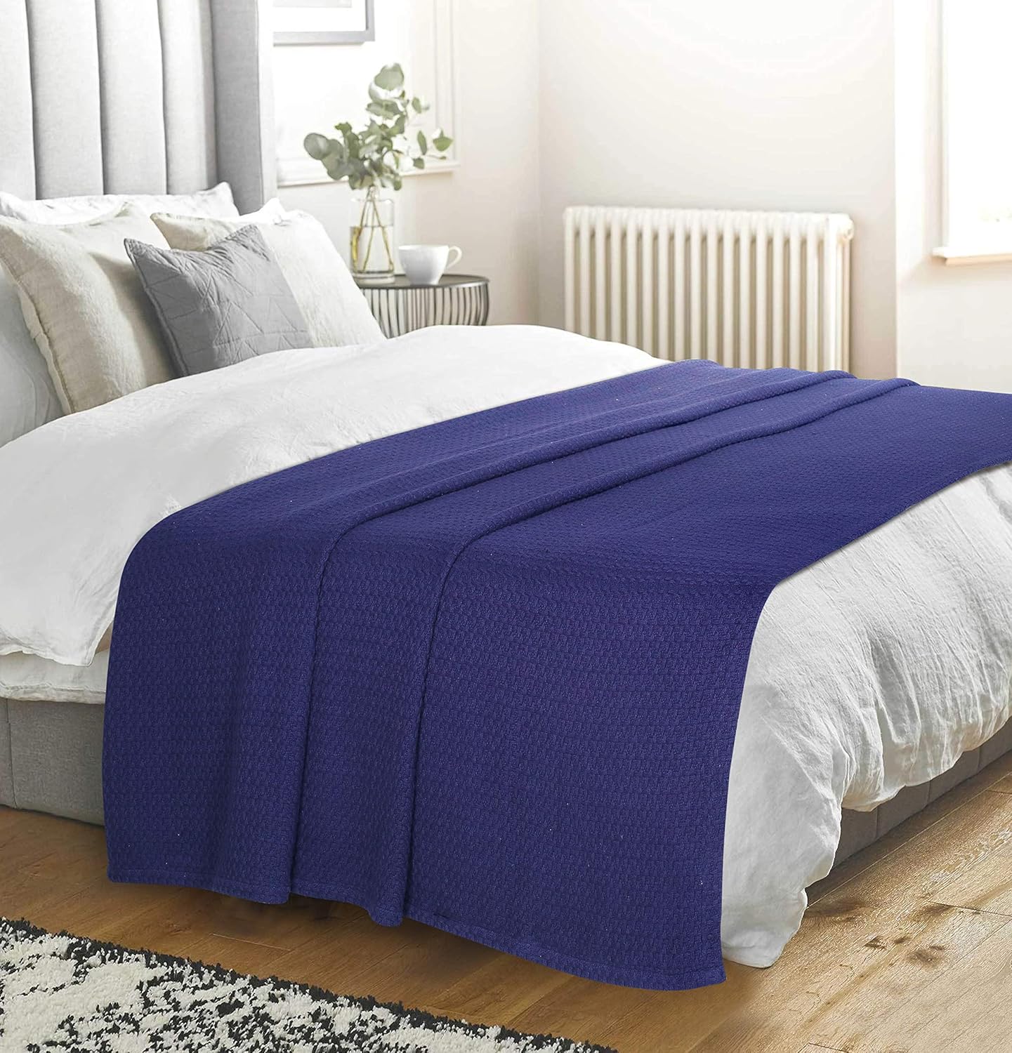Elvana Home 100% Cotton Bed Blanket, Breathable Bed Blanket Twin Size, Cotton Thermal Blankets Twin, Perfect for Layering Any Bed for All Season, Navy Blue