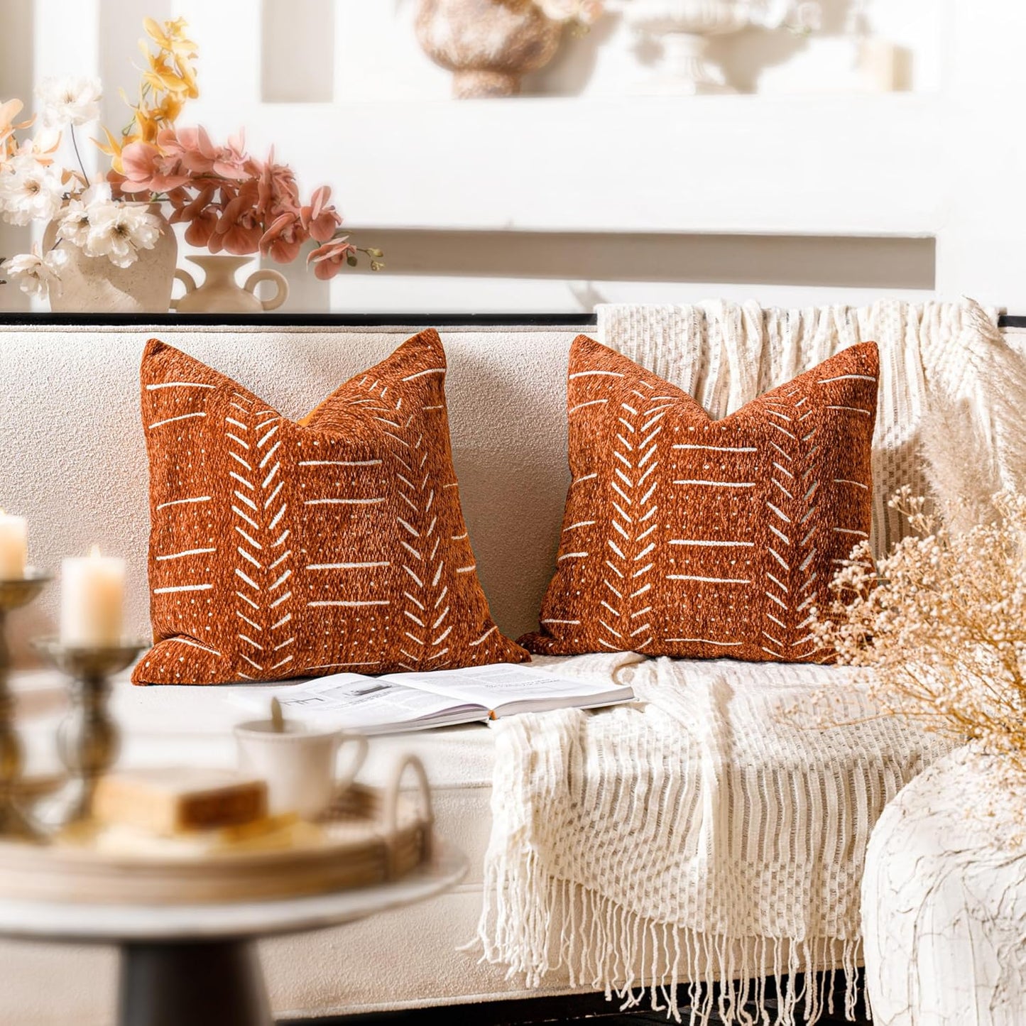 BlissBlush Fall Brick Red Decorative Throw Pillow Covers 20X20, Set of 2, Boho Farmhouse Cushion Cover, Cozy Soft Accent Pillowcase for Couch Sofa Bed Living Room Home Décor