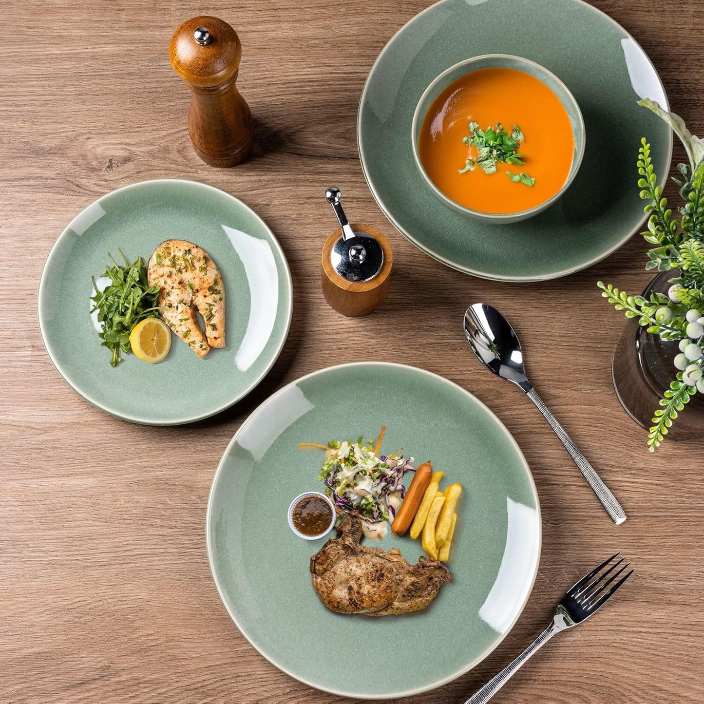 GBHOME Ceramic Dinnerware Sets for 6, 18 Pieces Stoneware Plates and Bowls Sets, Reactive Glaze Dishes -Scratch Resistant, Dishwasher&Microwave Safe-Malachite Green