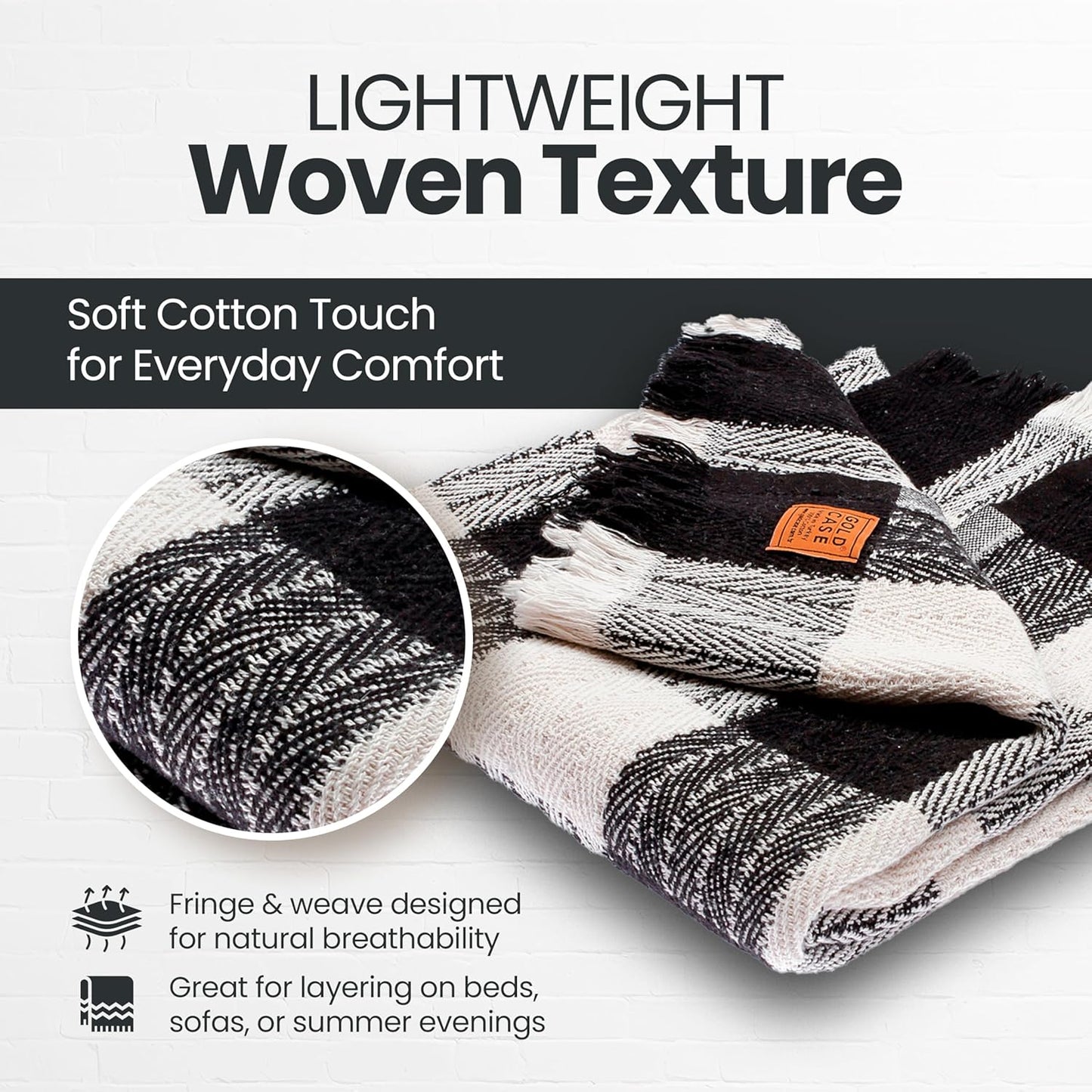 Gold Case Throw Blanket for Couch - 100% Recycled Turkish Cotton Blankets & Throws - Buffalo Soft Throw Blankets for Living Room - Boho Decorative Woven Couch Blanket - 60x80 - Black