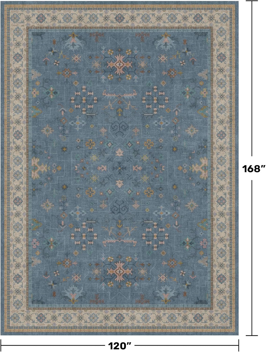 Blue Big Rugs for Living Room - Dusty Blue 10 x 14 Area Rug for Large Bedroom, Dining Room, Washable Lightweight Low Pile Foldable Eclectic Modern Floral Home Décor