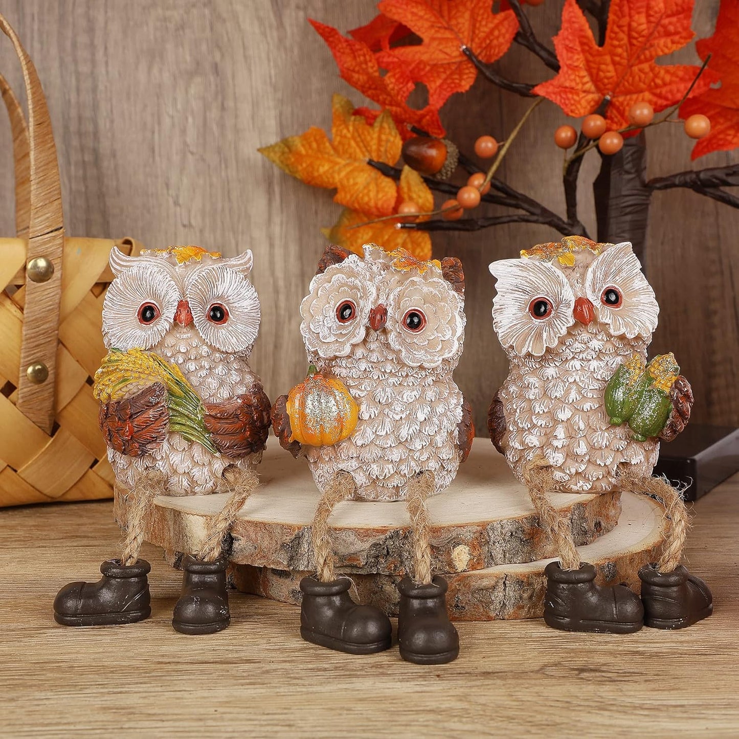 Lulu Home Thanksgiving Figurines, Set of 3 Resin Owl Shelf Sitters with Dangling Legs, Wheat Maize Pumpkin Harvest Sculpture for Window Sill Kitchen Tabletop Autumn Home Decor