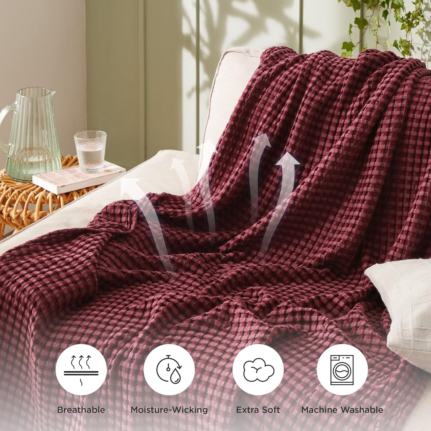 Bedsure Cooling Cotton Waffle King Size Blanket - Lightweight Breathable Blanket of Rayon Derived from Bamboo for Hot Sleepers, Luxury Throws for Bed, Couch and Sofa, Burgundy, 104x90 Inches