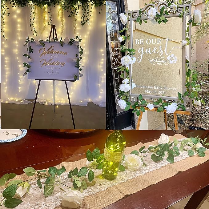 UKELER 2 Pack 14FT Artificial Rose Vines White Flower Garland Artificial Rose Flowers with Green Leaves Floral Plant for Wedding Arch Party Garden Craft Home Decor