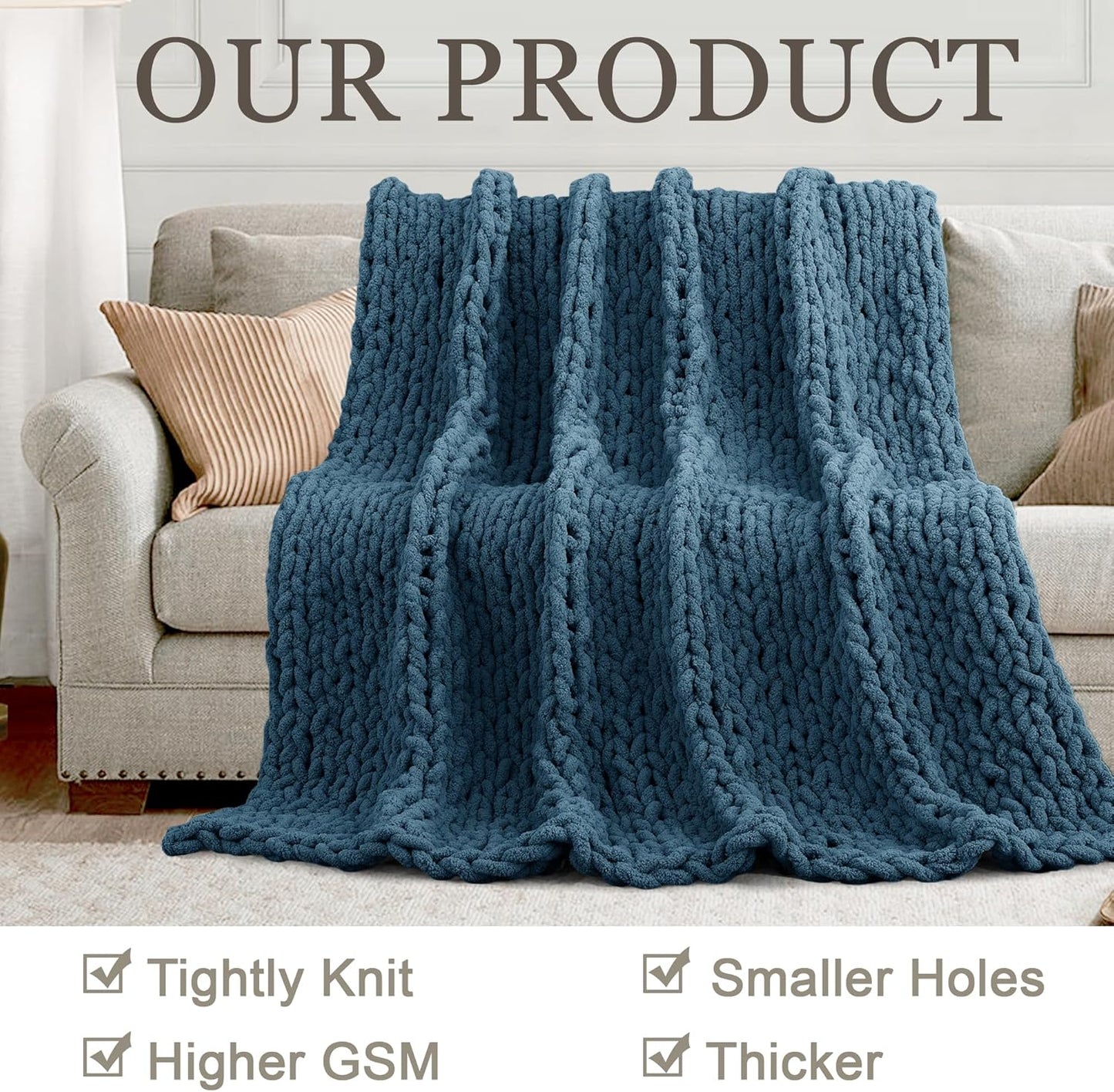 Chunky Knit Throw Blanket 60"X 80", 100% Handmade with Soft Chenille Yarn, 6.7lbs Thick Cable Knitted Blankets, Large Rope Knot Crochet Throws for Couch Sofa Bed Home Decor, Mineral Blue