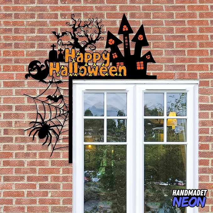 Personalized Metal Happy Halloween Door Toppers, Custom Haunted House Ghosts Spider Web Door Corner Sign, UV Printed Spooky Frame Top Decorative Creative Silhouette Wall Art Decor