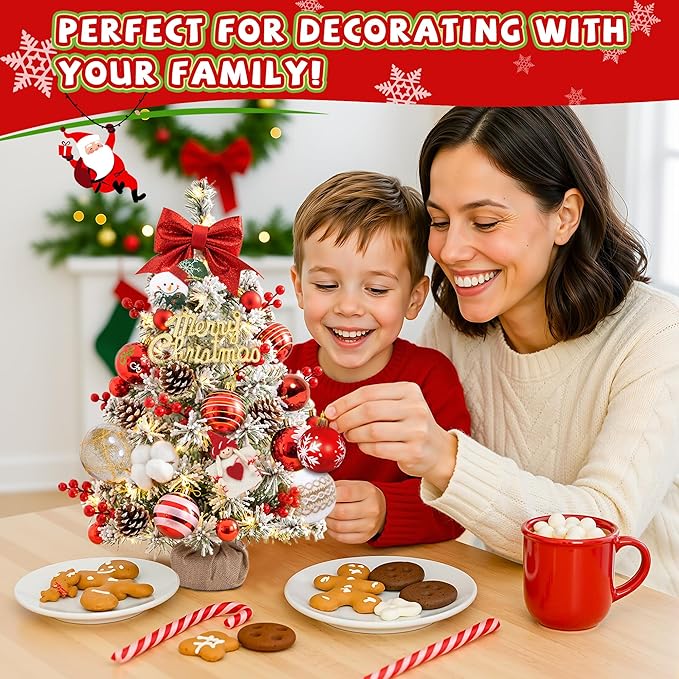 24 Inch Tabletop Christmas Tree with DIY Decorations,Snow Flocked Mini Xmas Tree with Multicolor LED Lights, Red Bow Topper, Pinecones, Rustic Wood Base, for Home Office Desk Classroom
