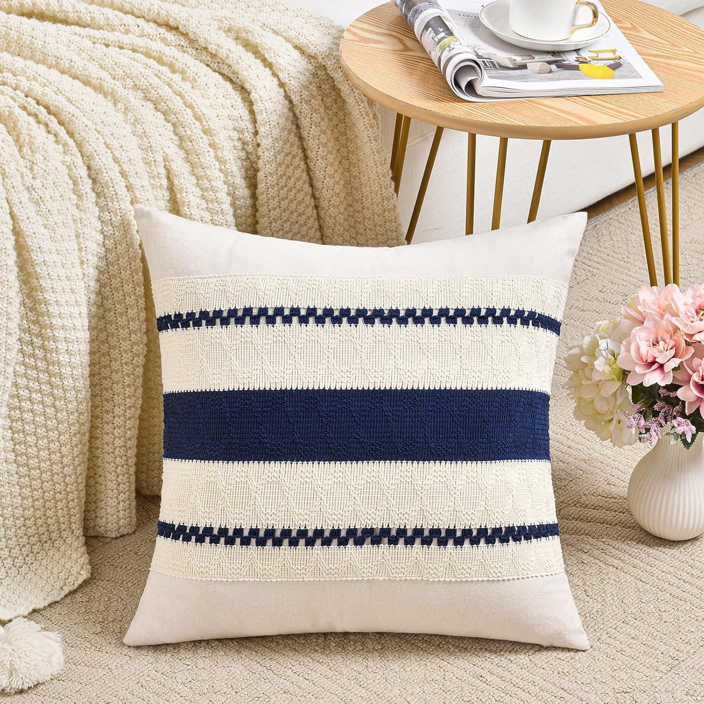 Fancy Homi Set of 2 Navy Blue Decorative Throw Pillow Covers 20x20 Inch for Couch Bed Sofa Living Room Office, Aesthetic Modern Organic Farmhouse Home Decor, Soft Cotton Woven Textured Cushion Case