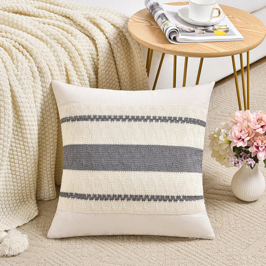 Fancy Homi Set of 1 Neutral Grey Farmhouse Big Decorative Throw Pillow Covers 24x24 Inch for Couch Bed Chair, Vintage Country Rustic Retro Room Decor, Soft Thick Cotton Handmade Woven Cushion Case