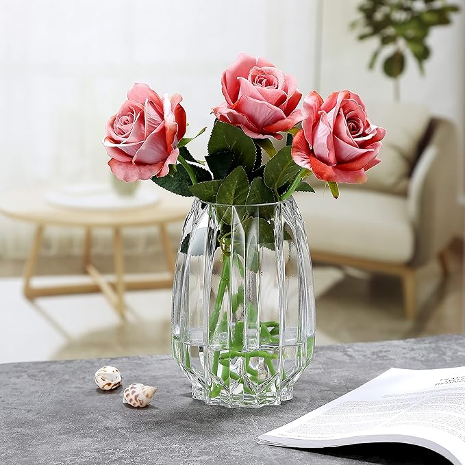 Crystal Clear Glass Vase - Modern Ribbed Design for Flowers, Candles, and Decorative Accents - Tall/Short Sizes (Clear, H7.87inch)