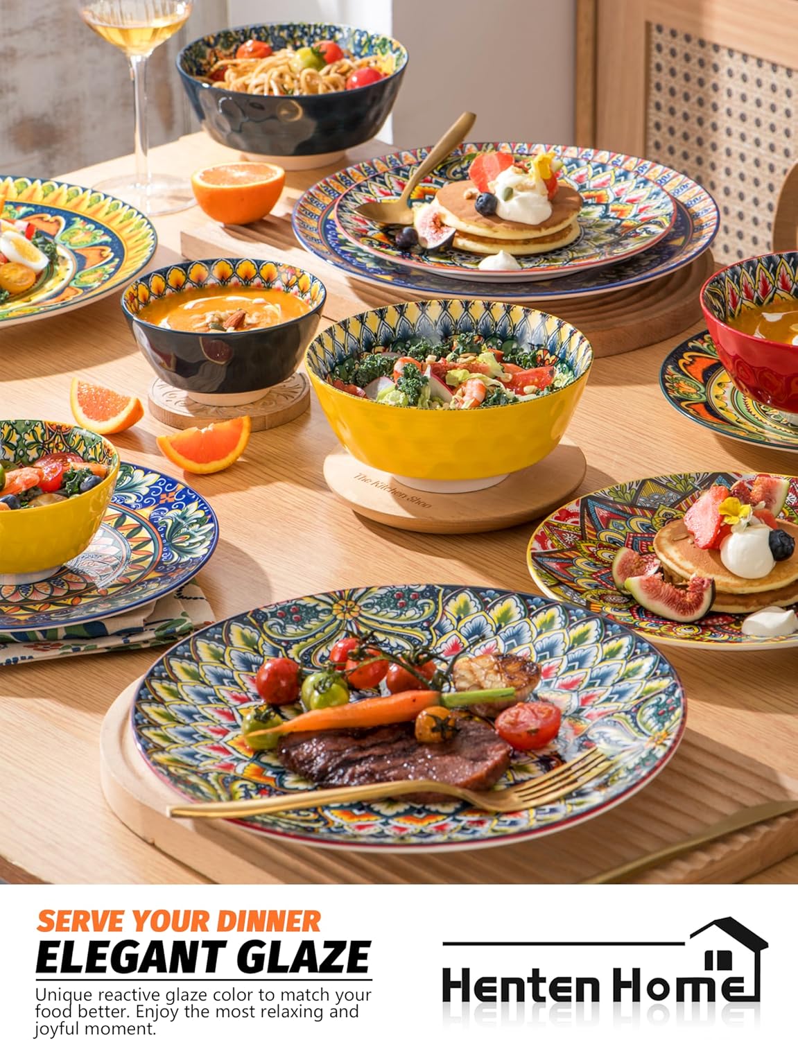 Henten Home Ceramic Dessert Plates Set of 6, 8.5 Inch Porcelain Salad Plate, Colorful Bohemian Style Serving Dishes for Cake, Snack, Appetizer, Decorations, Dishwasher & Microwave Safe