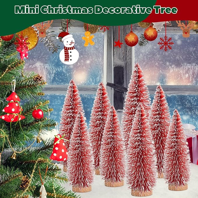 12 Pcs Mini Christmas Tree, Tabletop Christmas Tree with Wooden Bases Artificial Mini Tree with 3 Sizes Christmas Table Decor Bottle Brush Trees for Christmas Decorations (Red)
