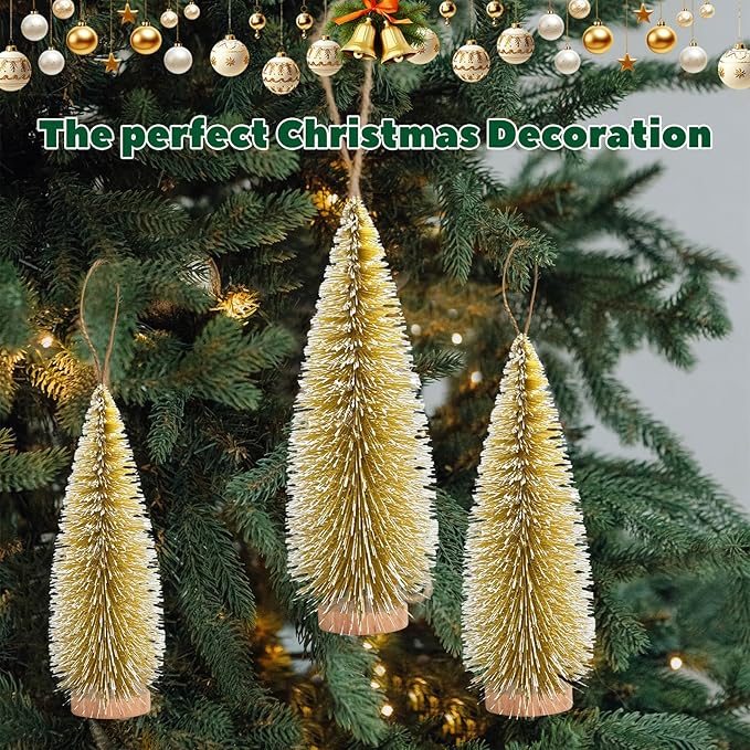 12 Pcs Mini Christmas Tree, Tabletop Christmas Tree with Wooden Bases Artificial Mini Tree with 3 Sizes Christmas Table Decor Bottle Brush Trees for Christmas Decorations (Yellow)