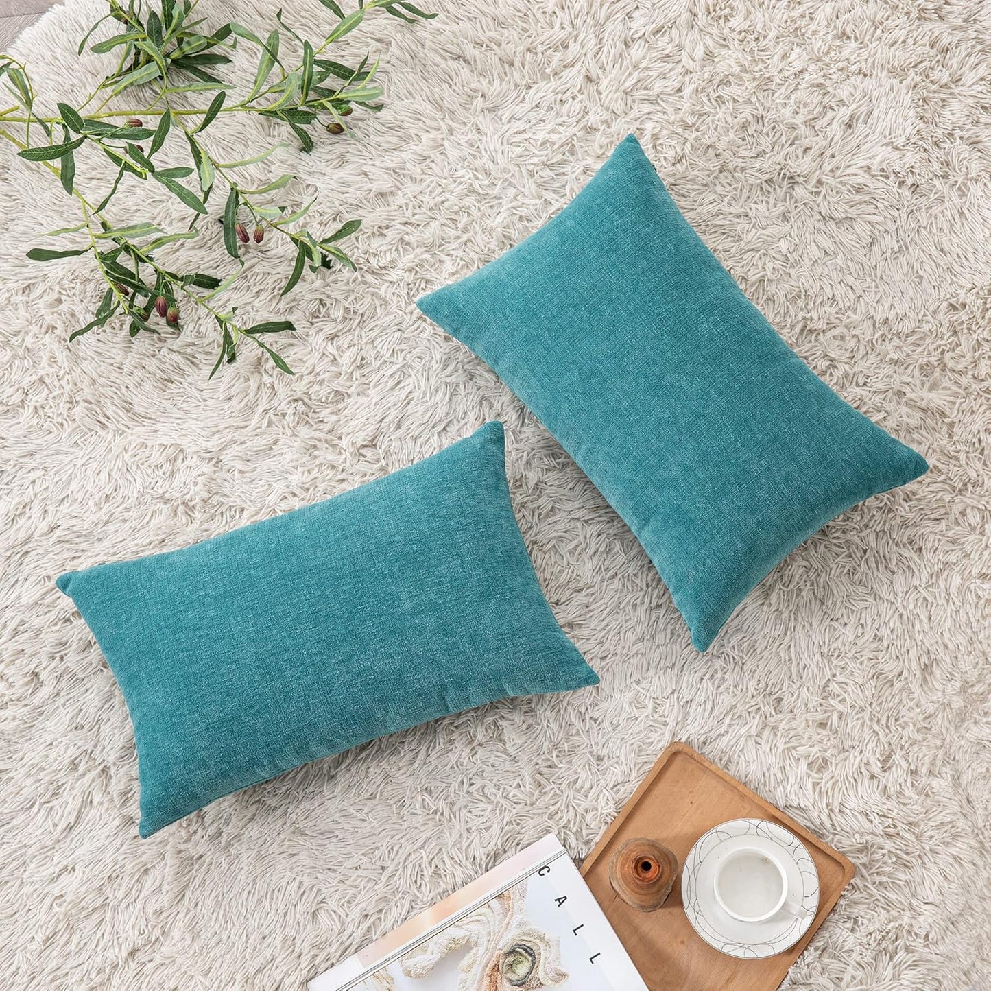 GAWAMAY Decorative Rectangle Throw Pillow Covers 12"x20" Inch Set of 2, Soft Chenille Lumbar Support Pillow Fall Pillowcase for Living Room Bedroom Sofa Couch Cushion Cover Teal 30x50cm (NO Inserts)
