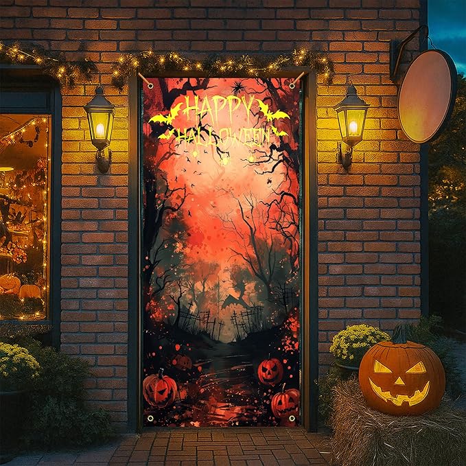 Happy Halloween Door Cover, Scary Burnt Forest Pumpkin Decoration Doorway Door Curtains Banners Backdrop Background Decor for Halloween Party, Indoor Outdoor Decorations, 35 * 79 Inch