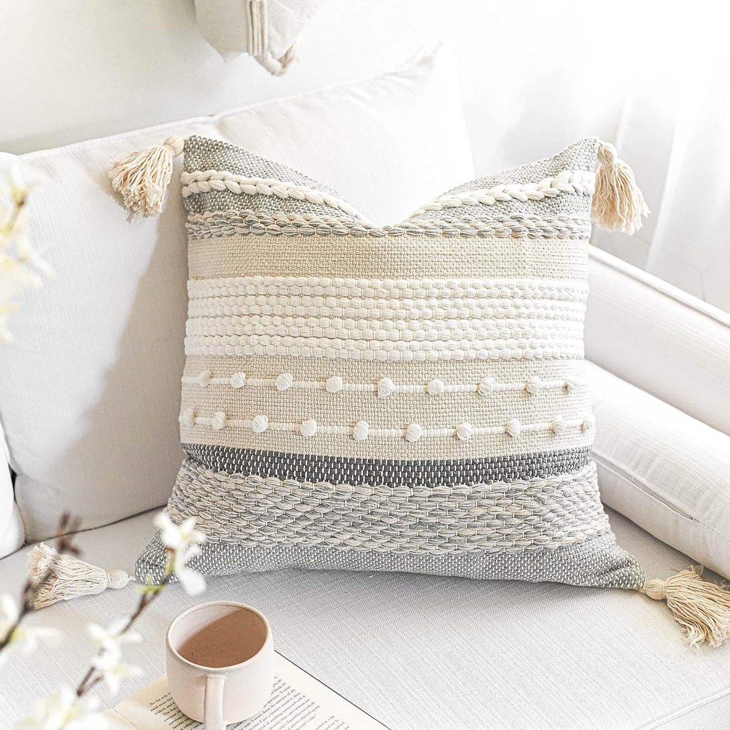 BlissBlush Gray Boho Throw Pillow Cover 22x22, Grey Decorative Accent Pillow for Couch, Square Woven Textured Pillowcase, Modern Farmhouse Pillow for Bed, Bohemian Pillow Cover (Pack of 1)