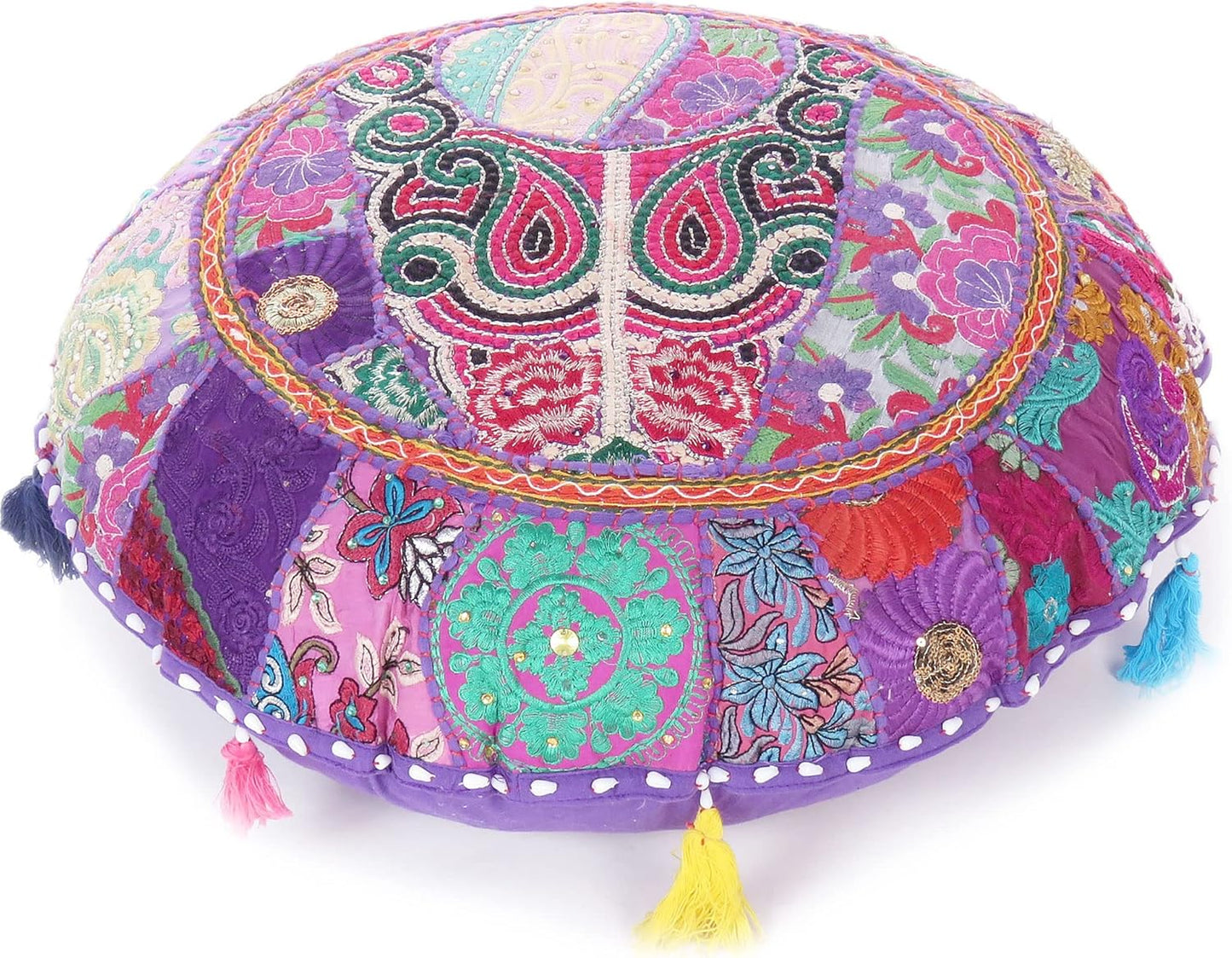 Eyes of India Round Floor Seating Meditation Patchwork Pillow Cushion Cover Colourful Decorative Throw Indian Bohemian Accent Boho Chic Handmade Cover Only (Purple, 32" x 32")