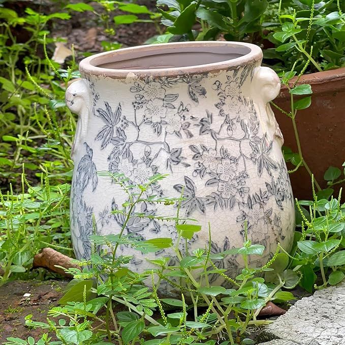 Vintage Grey Ceramic Ice Crack Glaze Flower Pot with Drainage Holes and With Handle, Country Rustic Planters for Indoor and Outdoor,Tuscan Decor,Home,Living Room, Garden Decor, Gardening Gift (Grey)