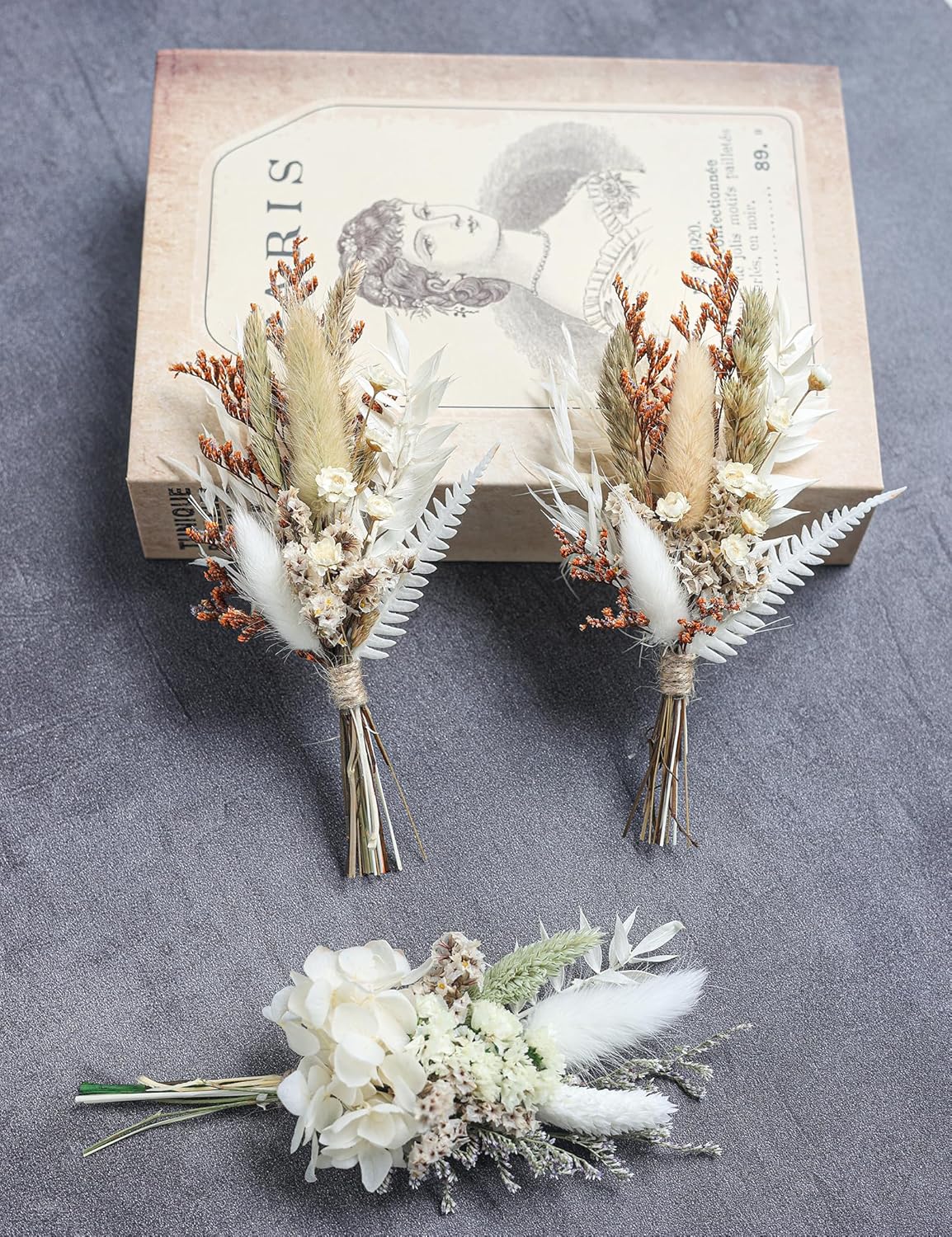 Mini Dried Flower Bouquet Set (6 pcs), Men's Corsage, Party Dinner Plate Decoration, Bridesmaid Flower Girl Proposal Gift Box, Birthday Cake Dried Flower Decoration. (White)