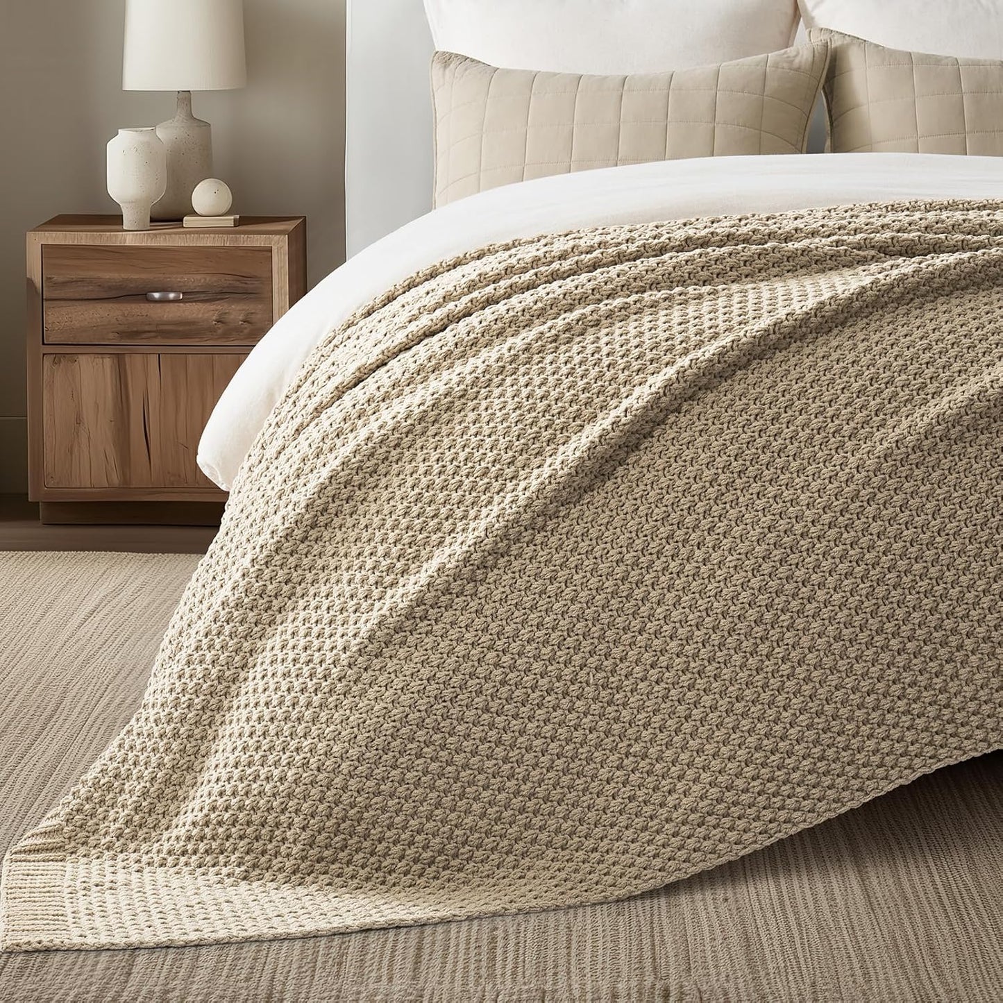 EVERGRACEHOME Chunky Chenille Knit Throw Blanket for Couch, Soft Luxurious Oversized King Moss Stitch Blanket for Bed, Large Cozy Farmhouse Knitted Throw for Sofa, Sand Dune, 92" x 108"