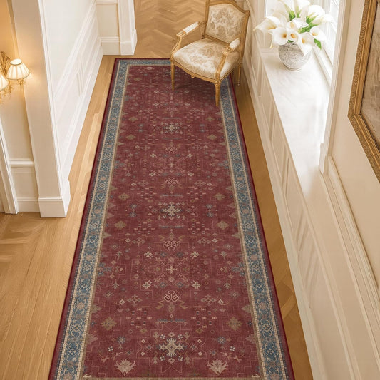 Dark Red 2'6''x10' Wide Hallway Runner Rug - 10ft Long Washable Non Slip Indoor Door Mats for Entryway, Low Pile & Soft Boho Geometric Floral Pattern Burgundy Area Rug