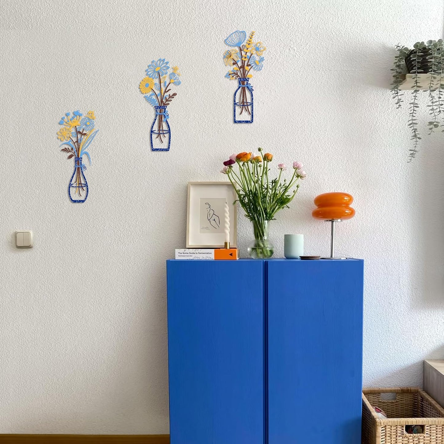 Iron Metal Vase Flower Wall Art Set of 3 - Minimalist Black Floral Decor for Living Room Bedroom Kitchen, Office Garden - Modern Farmhouse Home Decor & Housewarming Gifts (Blue-Yellow)