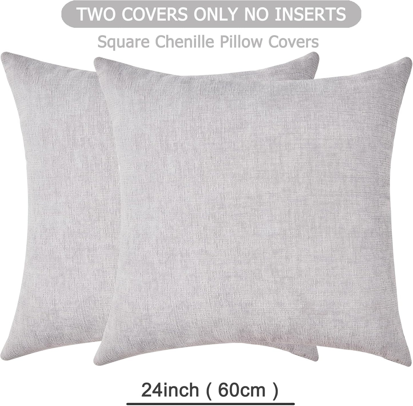 GAWAMAY Decorative Chenille Throw Pillow Covers 24x24 Inch Pack of 2, Soft Square Couch Pillow Cover for Sofa Cushion Living Room Bedroom Solid Dyed Pillowcases Light Grey 60x60cm (ONLY Covers)