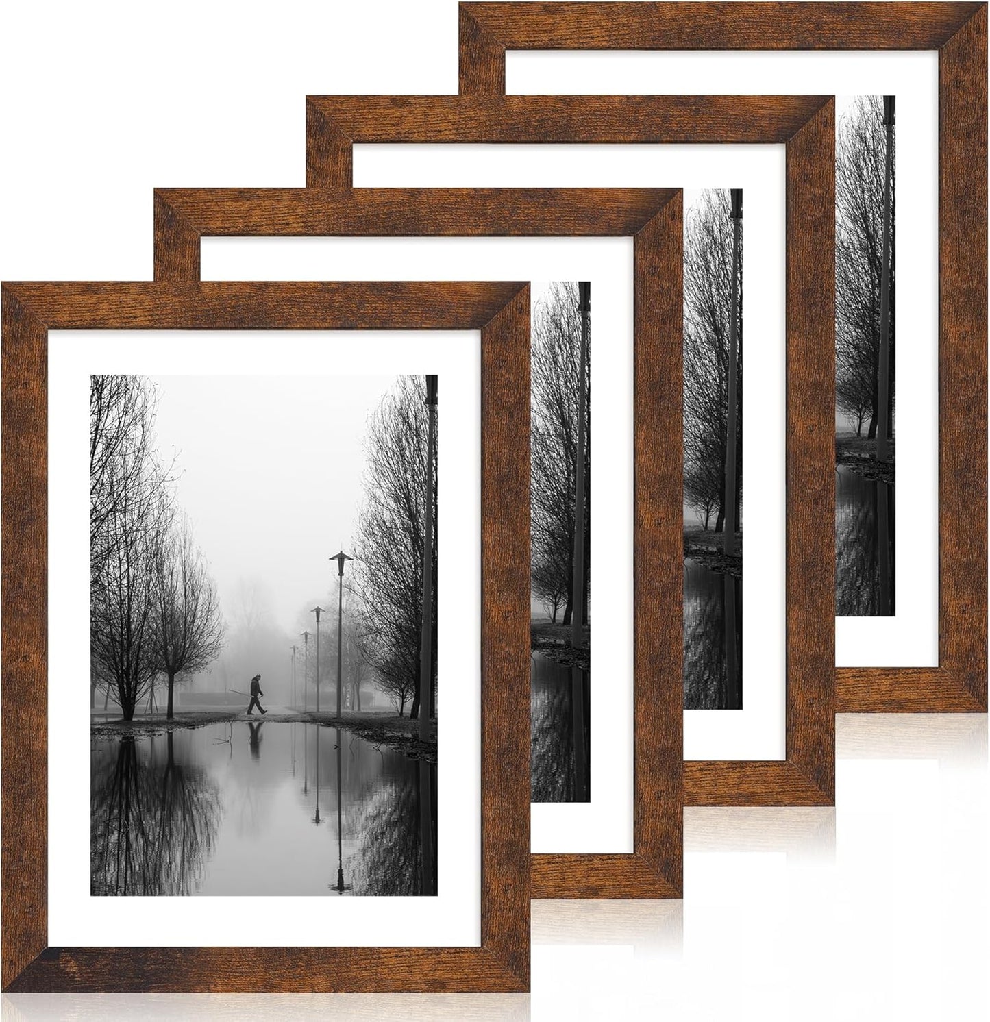 iRahmen 10x14 Picture Frame Set of 4 with Tempered Glass, Rustic Frame Display 8x12 Pictures with Mat or 10 x 14 Without Mat, Wooden Photo Frames for Wall Mounting