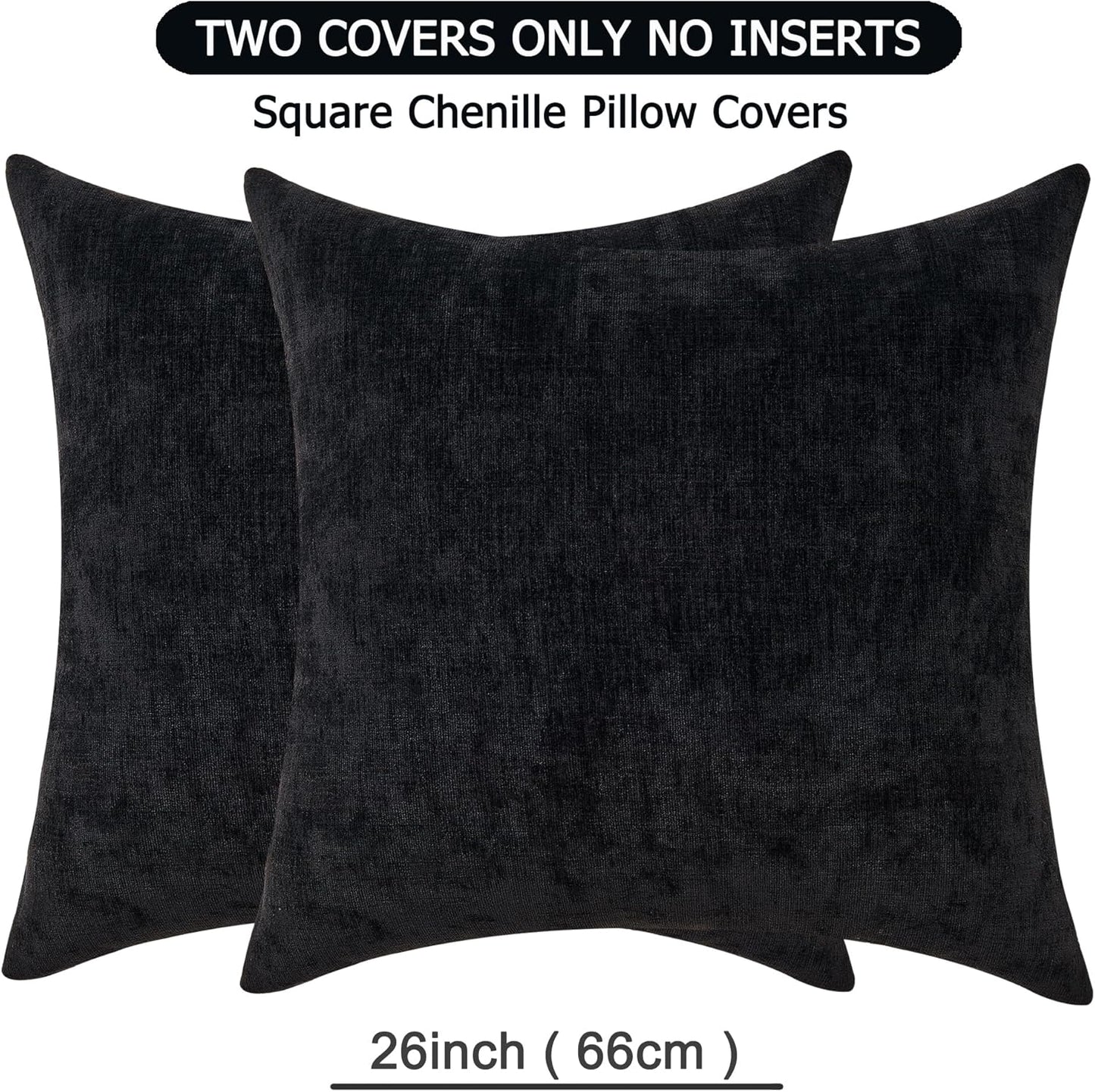 GAWAMAY Decorative Chenille Throw Pillow Covers 26x26 Inch Pack of 2, Soft Square Couch Pillow Cover for Sofa Cushion Living Room Bedroom Solid Dyed Oversized Pillowcases Black 66x66cm (ONLY Covers)