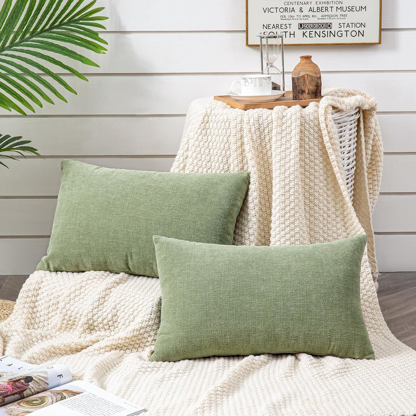 GAWAMAY Lumbar Decorative Rectangle Throw Pillow Covers 12"x20" Inch Set of 2, Super Soft Chenille Throw Pillowcase for Sofa Living Room Bedroom Couch Cushion Cover Sage Green 30x50cm (ONLY Covers)
