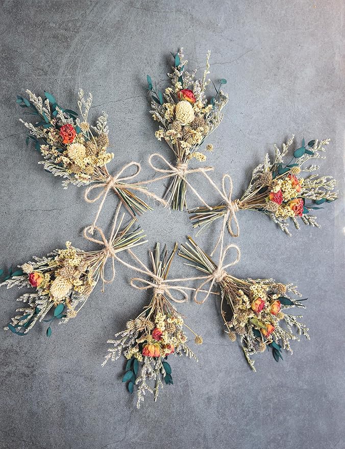 xin's convey Mini Dried Flower Bouquet (Pack of 6), Rose Bouquets, Party Favours, Bohemian Plate Decoration, Birthday Cake Dried Flower Gift Box Companion, Photography Props (Rose)