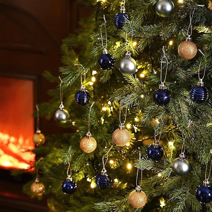 Valery Madelyn 1.57 Inches Small Christmas Tree Decorations Ornament Set for Fall Halloween, 24ct Blue and Gold Shatterproof Hanging Ball Ornaments Holiday Party Decor