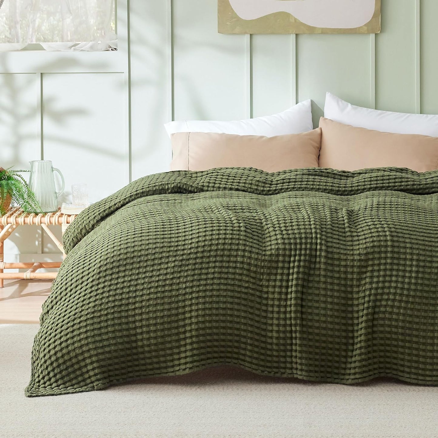 Bedsure Cooling Cotton Waffle Full Size Blanket - Lightweight Breathable Blanket of Rayon Derived from Bamboo for Hot Sleepers, Luxury Throws for Bed, Couch and Sofa, Green, 80x90 Inches