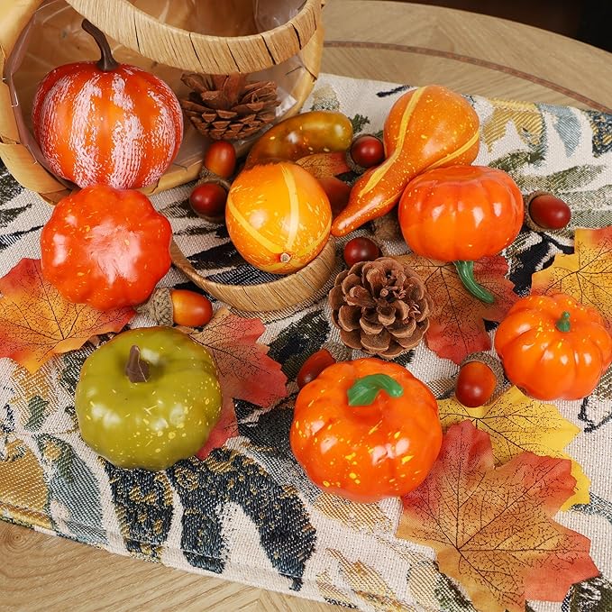 winemana Thanksgiving Fall Decorations for Home-6pcs Mini Pumpkins & 2pcs Gourds, 30pcs Leaves & 10pcs Acorns, 2pcs Pinecones Centerpiece Set-Harvest Decor for Table Mantel (Largest: 4.5" x 2.1")