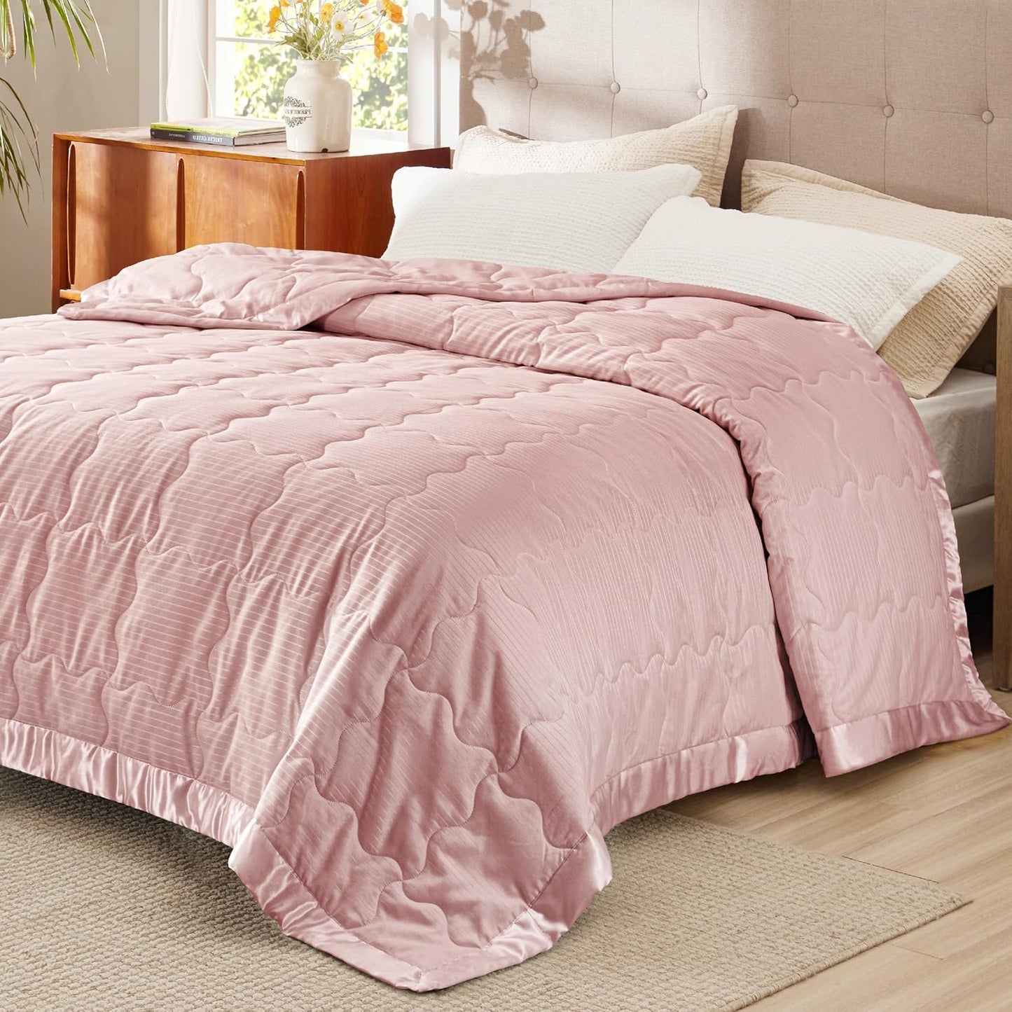 Bedsure Lightweight Blanket for Summer King Size - Down Alternative Blanket with Satin Trim for Bed, Light Summer Throw Pink, 108x90 Inches