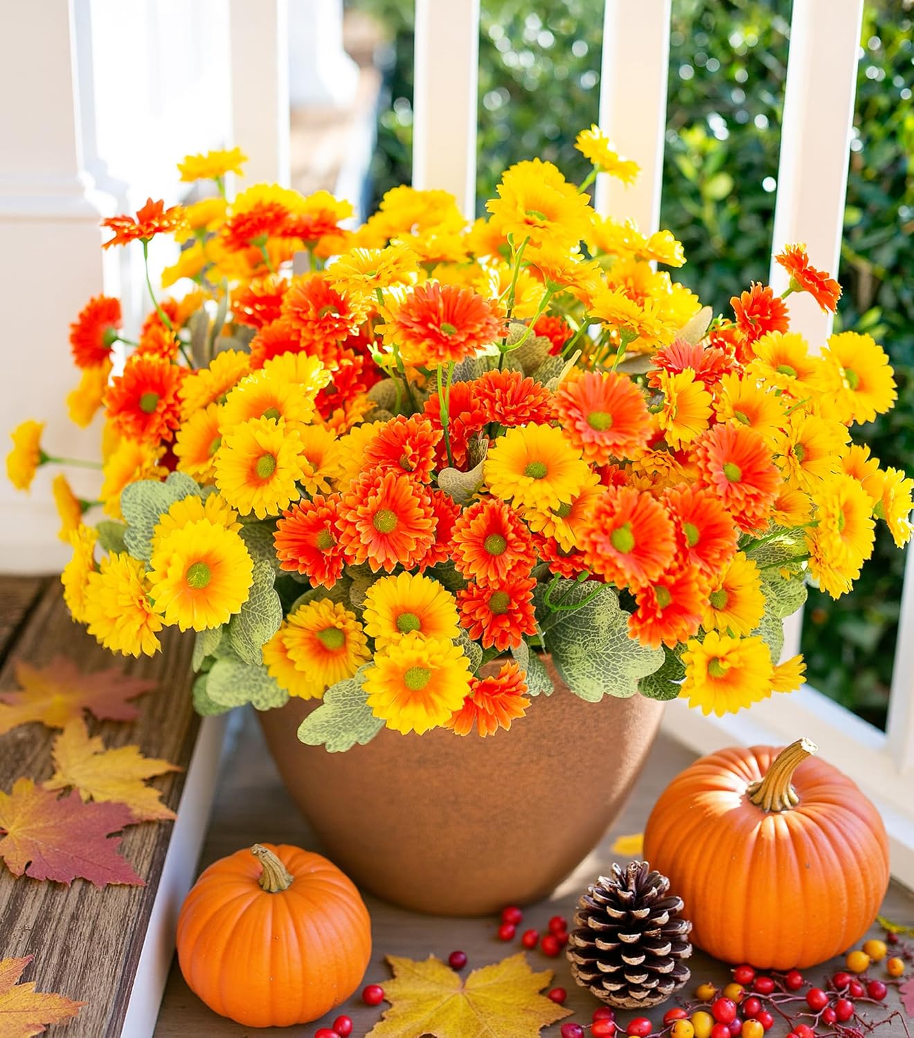 HyeFlora Dahlia Artificial Fall Flowers for Outdoors Autumn Decoration, 6 Bundles Fake Mums Faux Flowers Plants Realistic UV Resistant Silk Flowers for Outside Planter Yard Garden Home, Orange Yellow