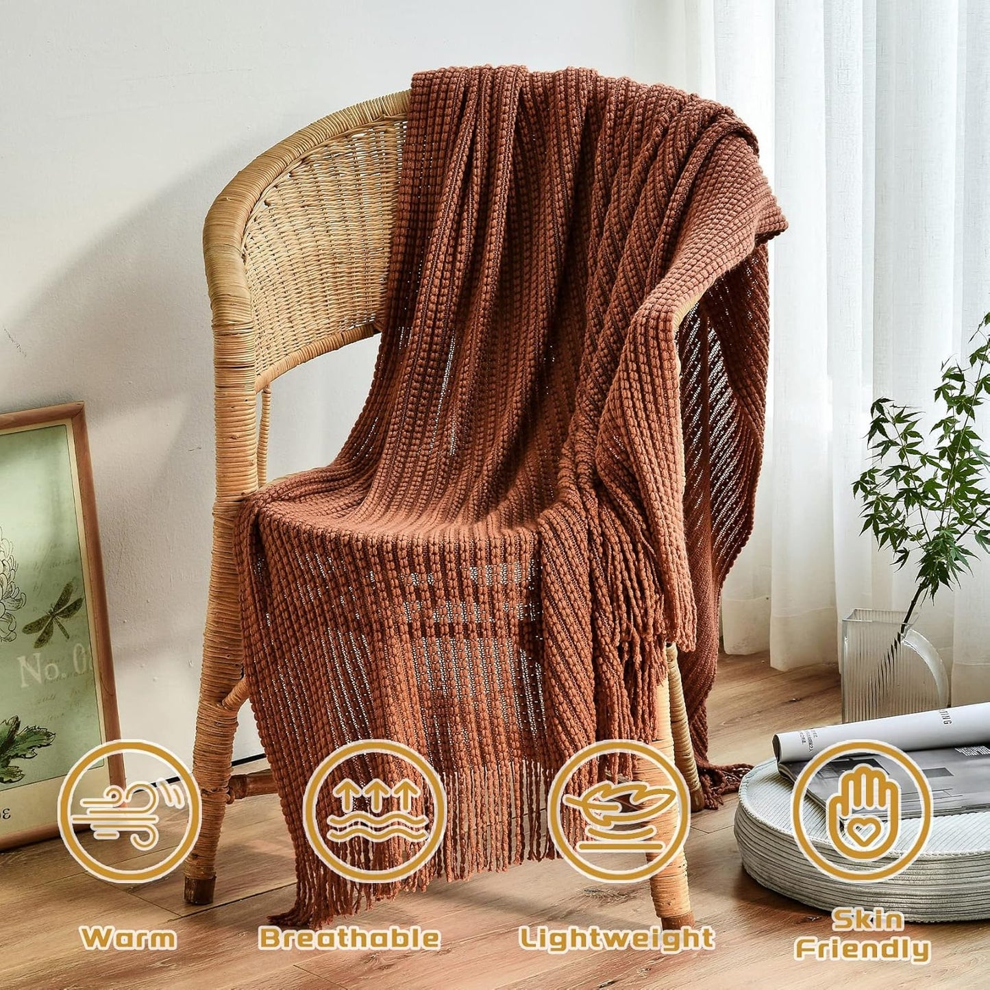 Blagic Knitted Throw Blanket for Couch,Soft Farmhouse Boho Fall Throw Blanket with Tassels,Home Decorative Lightweight Throw Blankets, Orange Rust Throws for Bed/Chair/Sofa, 60" W x 80" L
