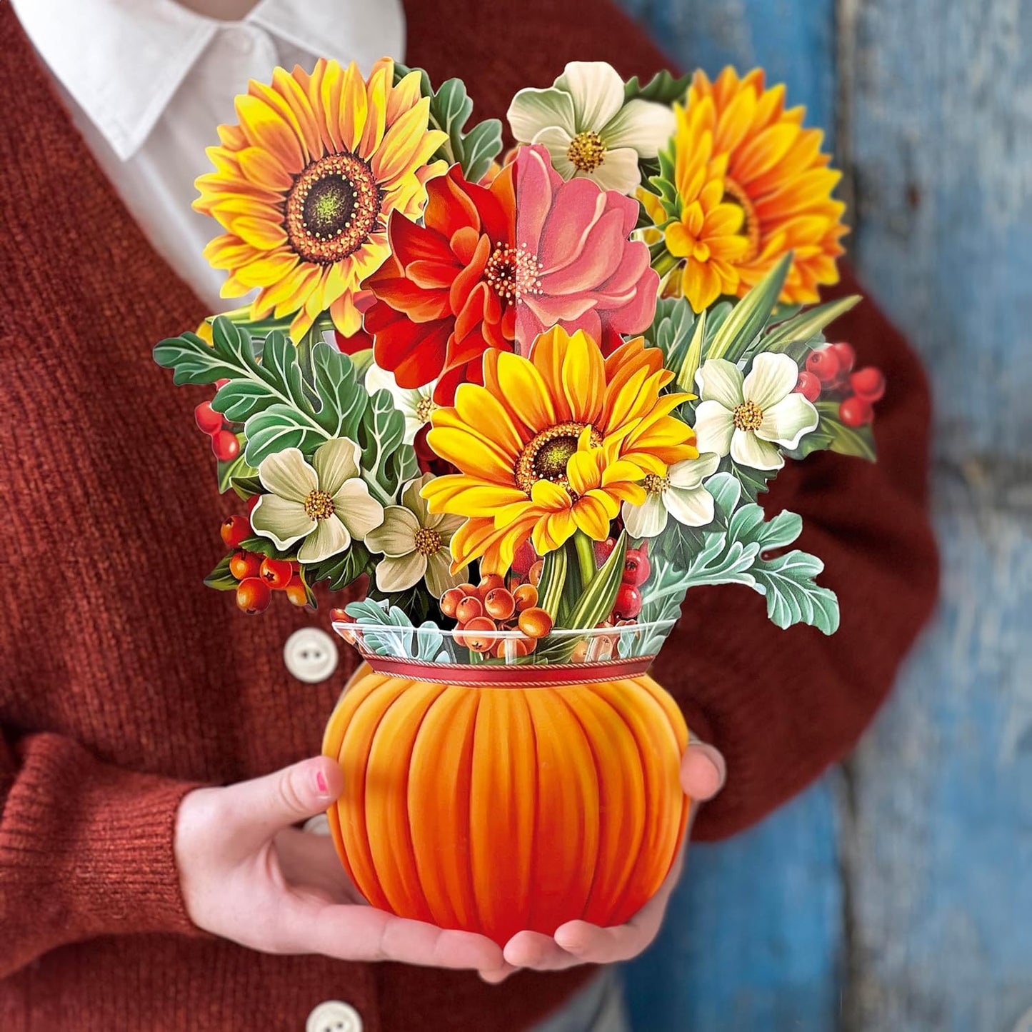 Freshcut Paper Pop Up Cards, Pumpkin Harvest, 12 Inch Life Sized Forever Flower Bouquet 3D Popup Greeting Card, Autumn Cards, Birthday Card, Blank Notecard & Envelope