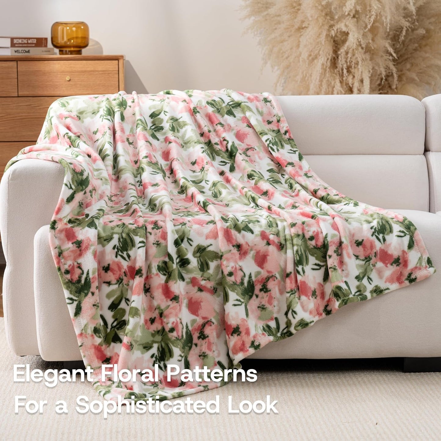 Luxury Printed Fleece Warm Throw Blanket, Soft Lightweight Velvety Plush Throw for Couch and Bed, Cozy Comfy for All Seasons(Ivory Pink Flowers, 50×70 Inches)