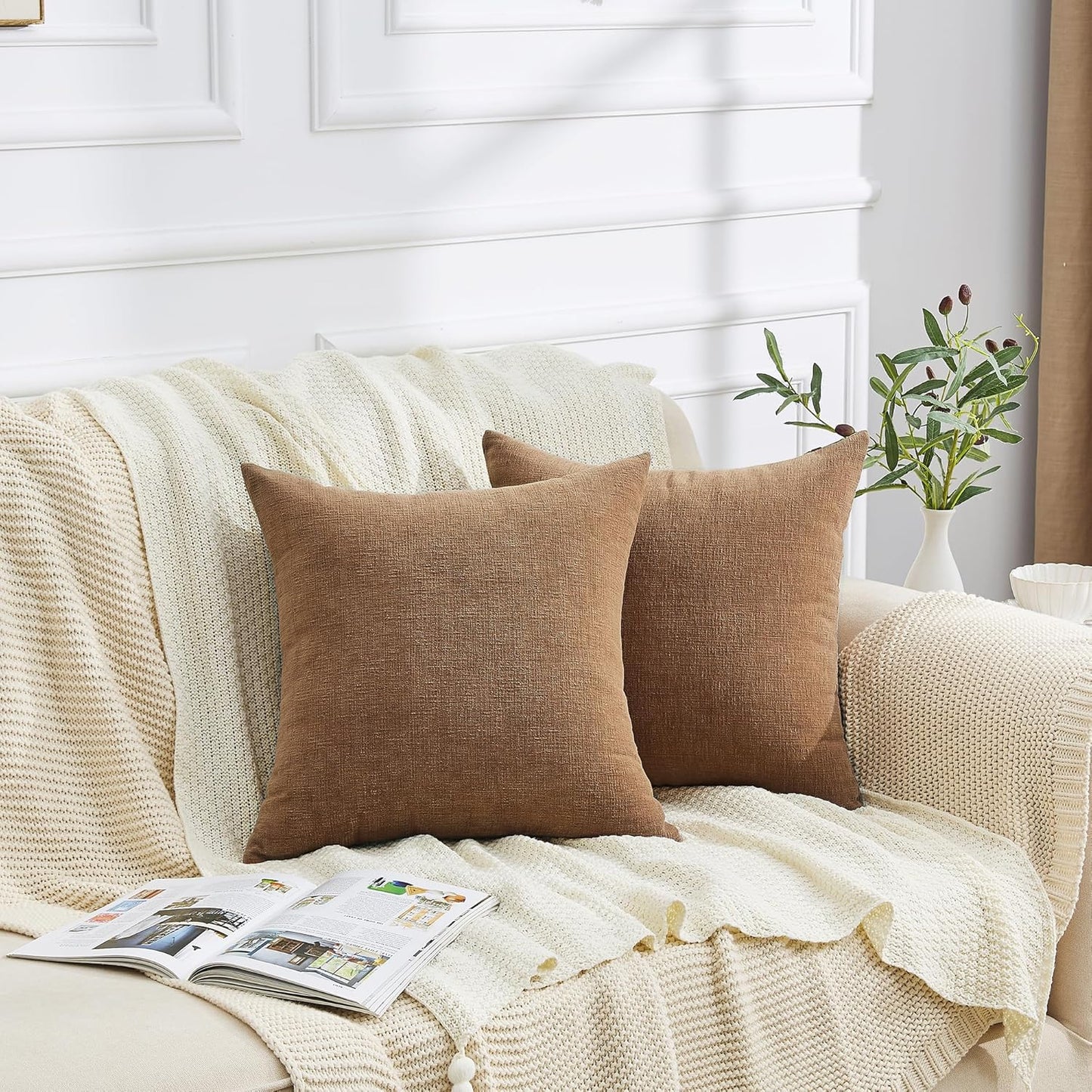 GAWAMAY Decorative Chenille Throw Pillow Covers 24x24 Inch Pack of 2, Soft Square Couch Pillow Cover for Sofa Cushion Living Room Bedroom Solid Dyed Pillowcases Brown 60x60cm (ONLY Covers)